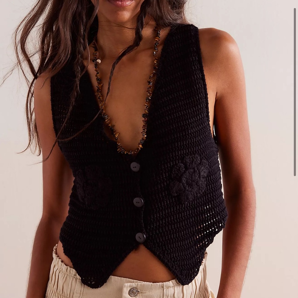 New Anthropologie Free People x Nigel Preston Crochet Waistcoat Vest XS S Black